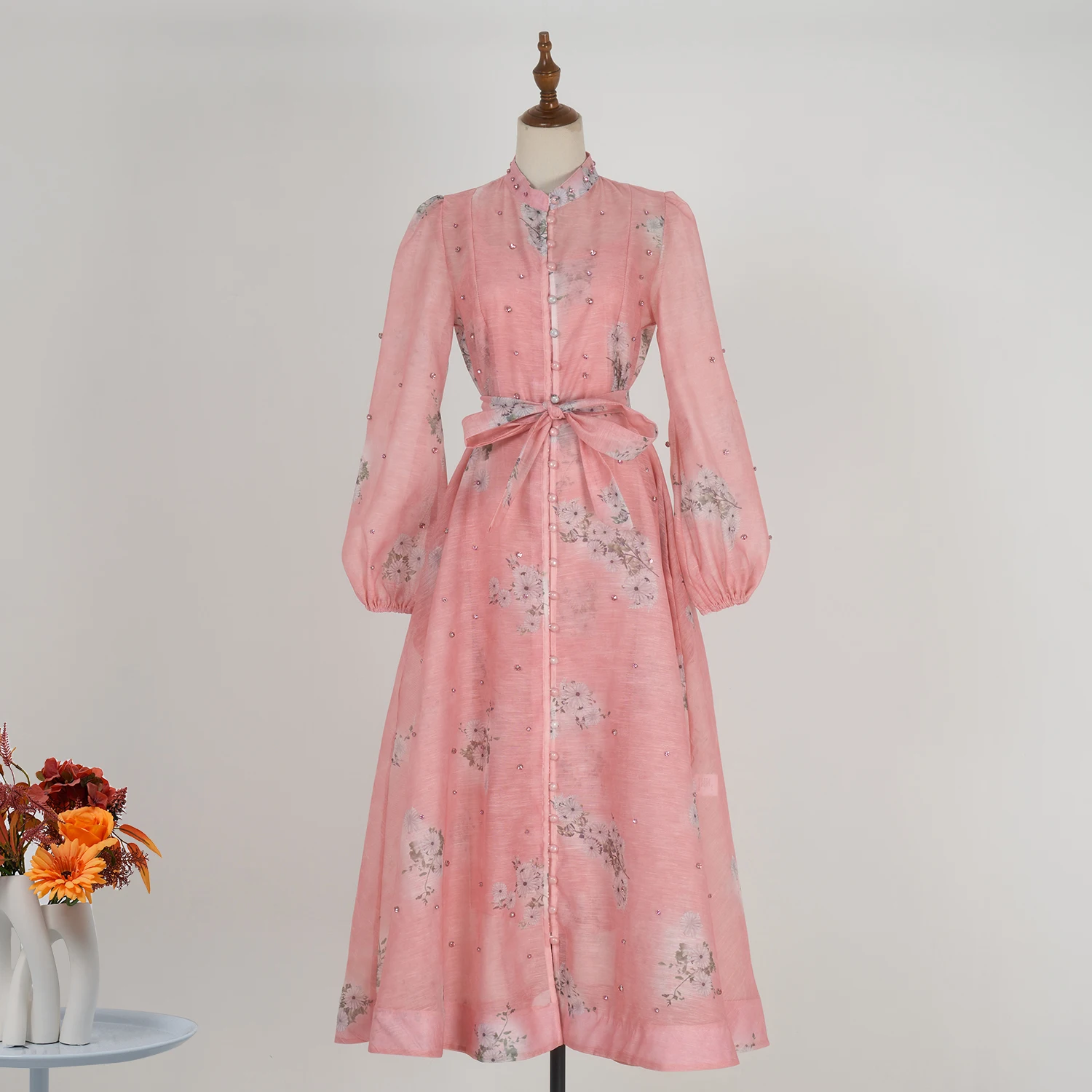 

Silk Linen Long Sve Draped Lantern Sve Dr Heavy Embellied Diamond Collar Design Traditional Chinese Sle Women's ...