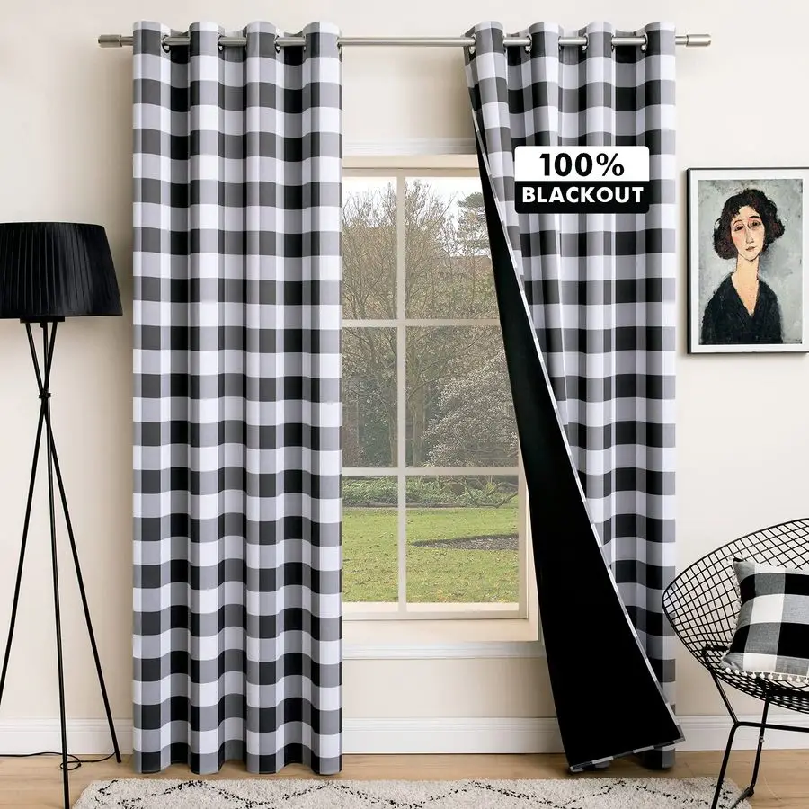 

Plaid Curtains for Farmhouse , Blackout Window Drapes with Grommets for Living Room Darkening Light Blocking and
