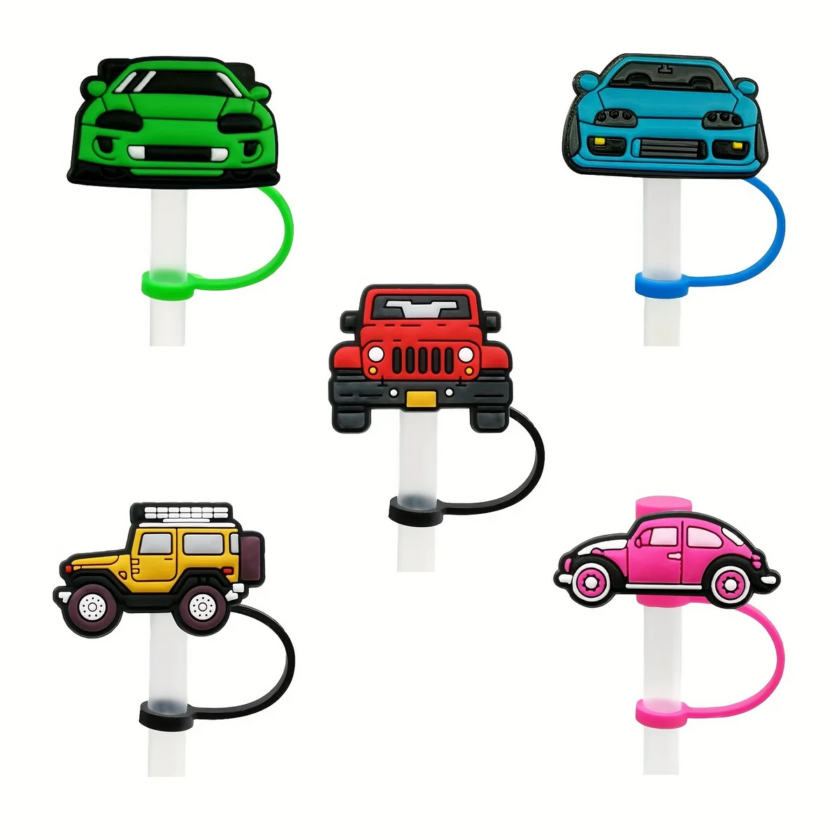 Cartoon Space Transportation Car Silicone Straw Sleeve with Decorative Buckle Dust Plug Reusable Protective Straw Cap
