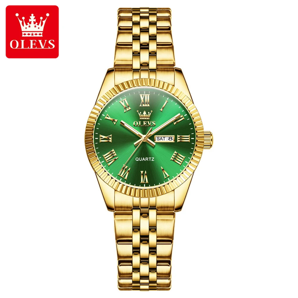 OLEVS 5706 Women Quartz Watch Green Dial Gold Stainless Steel Bracelet Day Date Roman Numeral Ladies Wristwatch Gift