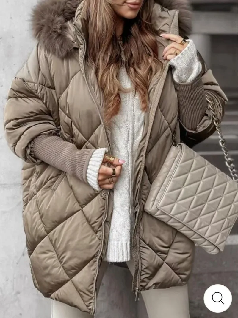 2025 Autumn and Winter Diamond Grid Yarn Splicing Casual and Fashionable Down and Cotton Jacket