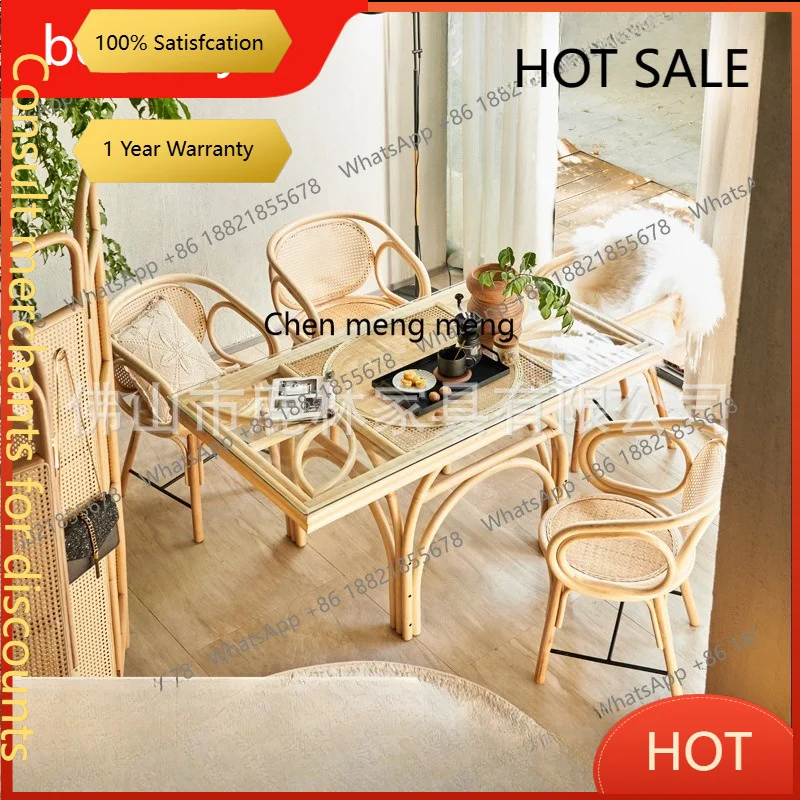 D5556 s6601 Nordic rattan small apartment household dining table and chairs simple homestay rectangular glass table and chair co