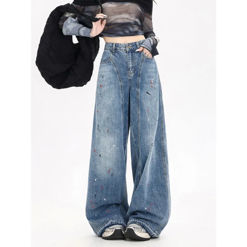 กางเกงยีนส์ขากว้างทรงตรงเอวสูงสไตล์ลำลองสำหรับผู้หญิง รุ่นใหม่ล่าสุด ล้างสีแบบพ่นสี  สำหรับฤดูใบไม้ผลิและฤดูใบไม้ร่วง