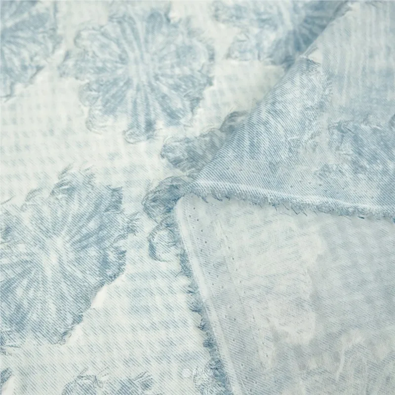 A and sweet semi-transparent light blue printed skin-friendly cut-out fabric shirt designed by fashion designer