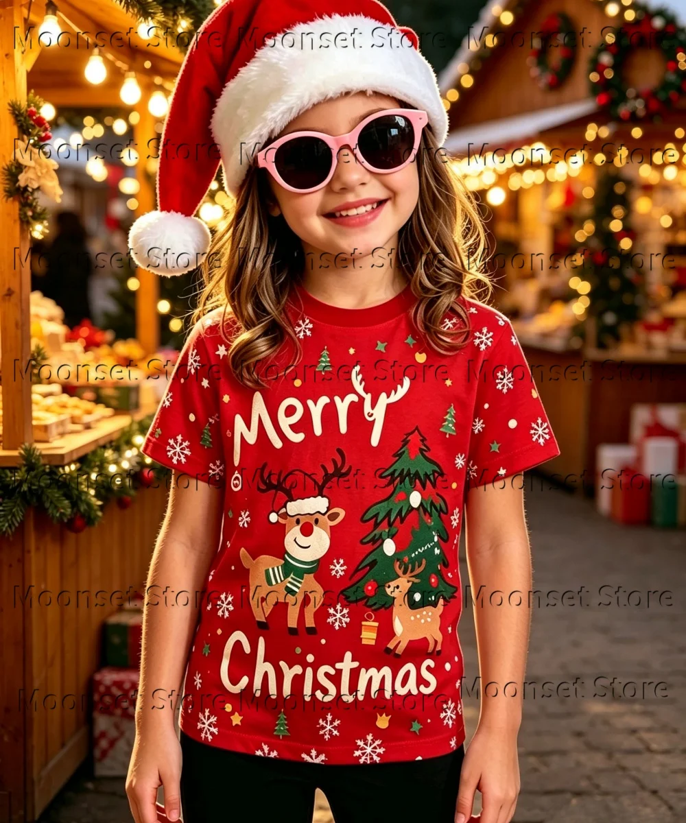 Children' Shirt Red Christmas Short Sleeve Tee Merry Xmas Reindeer Snowflake Print Men T-Shirt Kids Round Neck Casual Women Tops