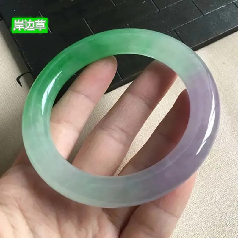 Chuncai Jadeite Bracelet, Burmese Old Mine Ice Violet Jade Bracelet, Sun-Green Round Bar Princess Style Women's Jadeite Bangle