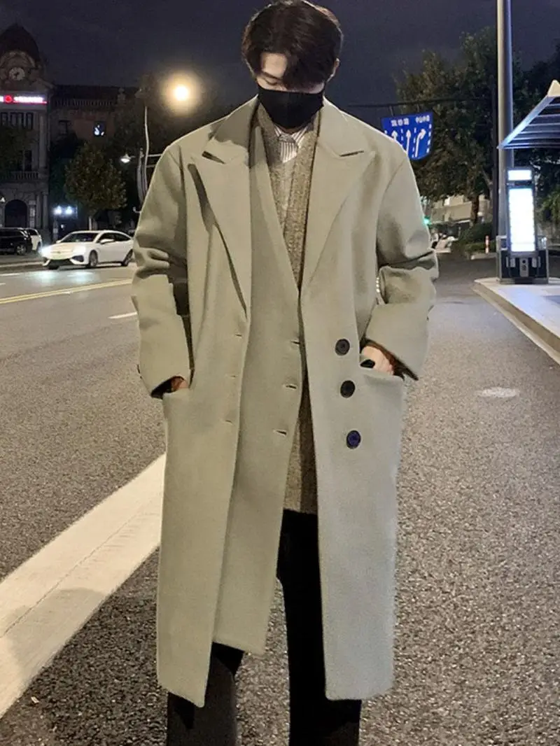 

Мужское шерстяное пальто средней длины, осенне-зимнее, до колен, в корейском стиле, с отложным воротником, на одной пуговице, теплое, повседневное