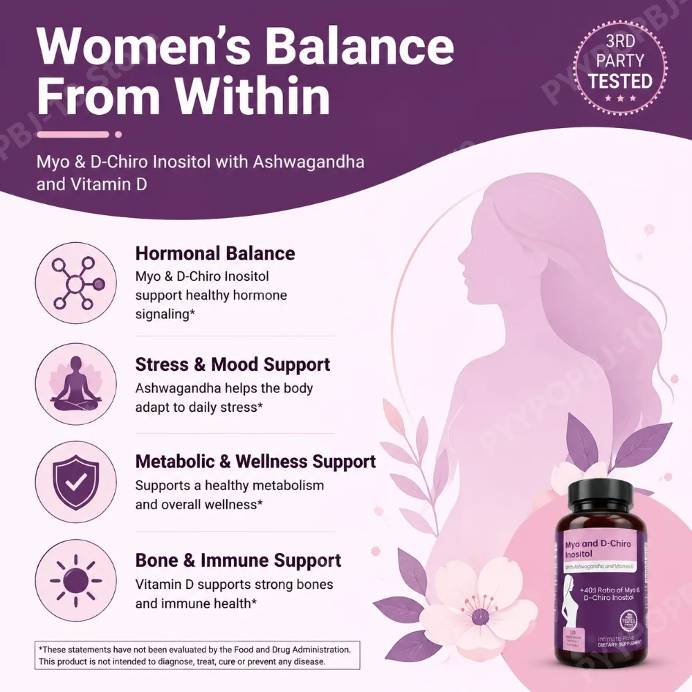 Myo & D-Chiro Inositol for Women 40:1 Ratio with Ashwagandha & Vitamin D3 Hormone Balance & Ovarian Health Support 120 Capsules view 2