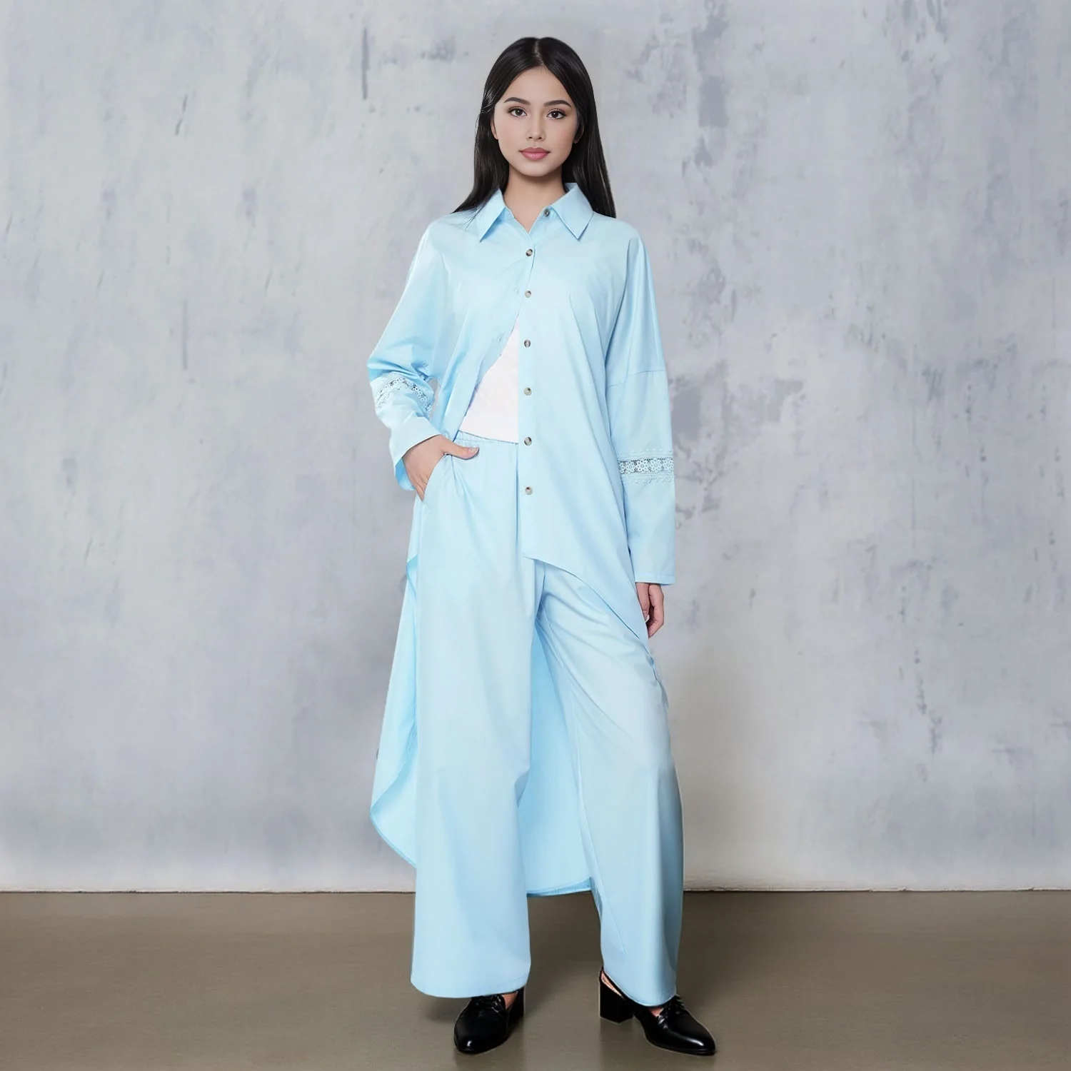 

Casual Women's 2-Piece Set Fashionable Irregular Hem Long Sleeve Top and Trouser Set Sleeves With Cut-Out Lace