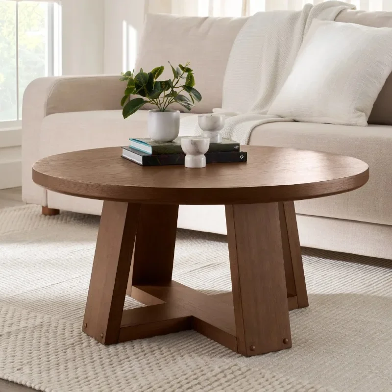 Coffee Table, Walnut Finish, Round,Sturdy construction,Easy assembly,blends seamlessly with any interior decor style