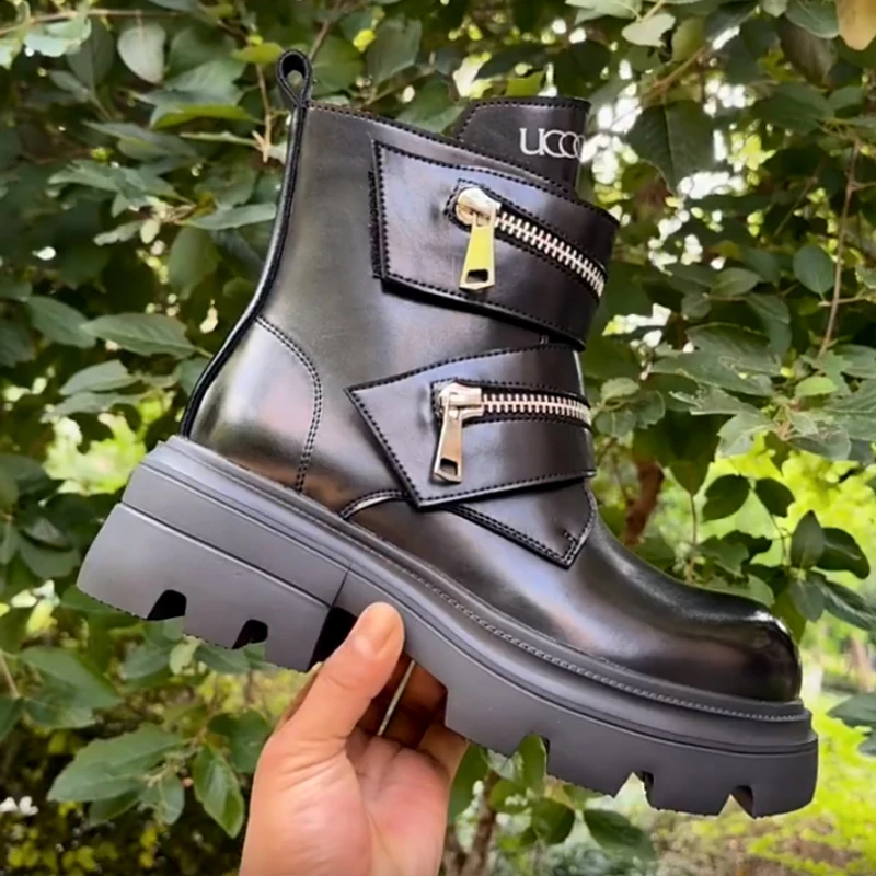Thick Sole Men Boots Fashion Platform High Top Casual Sneakers for Men Trend Design Short Motorcycle Boots Men Black Shoes