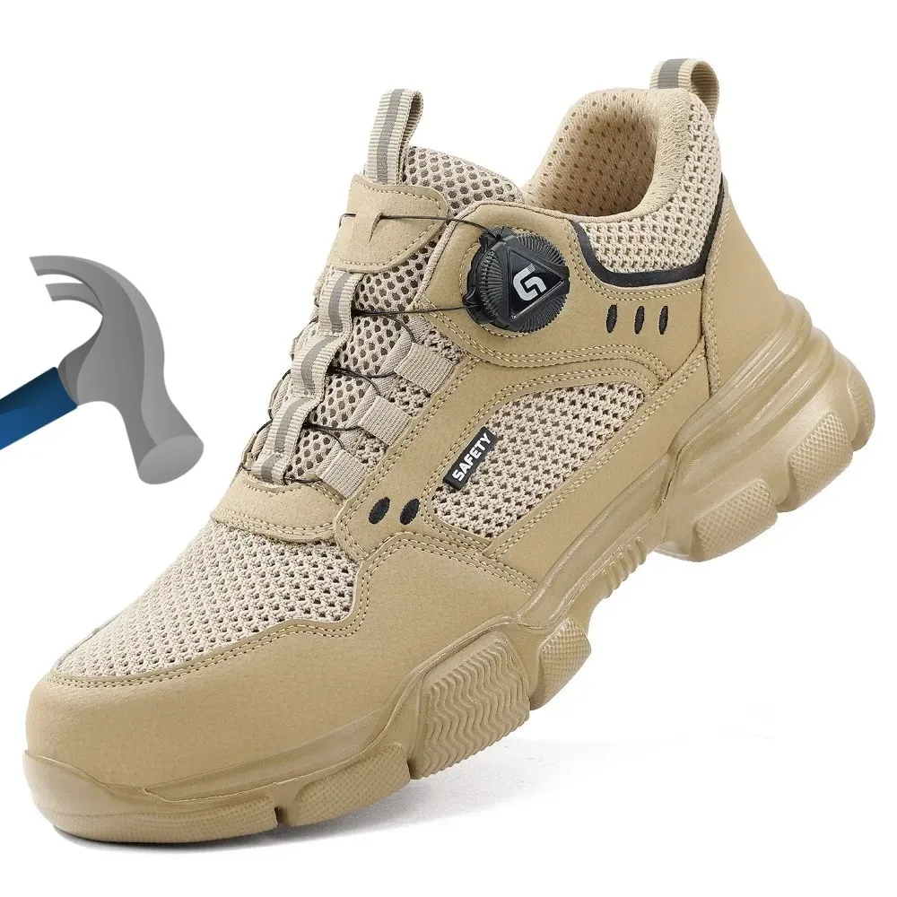 Summer Safety Shoes with Rotary Button Breathable Mesh Work Shoes for Men Anti Puncture Sneakers for Working with Toe Protection
