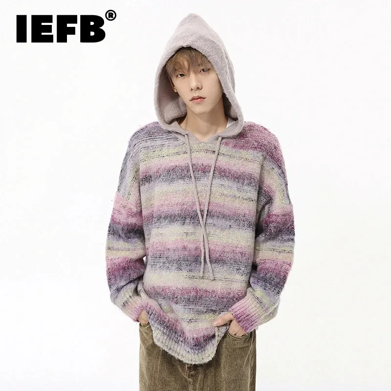 

IEFB American Style Men's Sweaters Casual Hooded Drastring Clothing Gradient Contrast Color Knitting Pullover Male Tops 9C7860