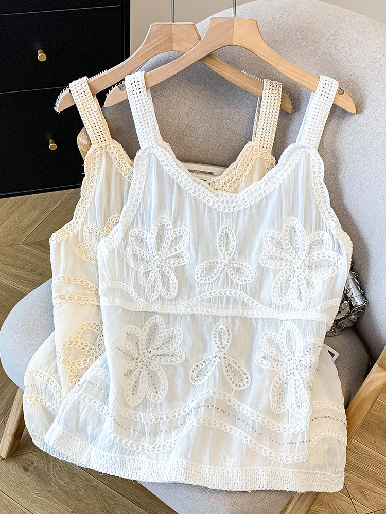 Stunning Beaded Embroidery Lace Hook Flower Thin Summer Women's Tank Top Trendy Base Layer Small Shirt Outerwear Polyester Fiber