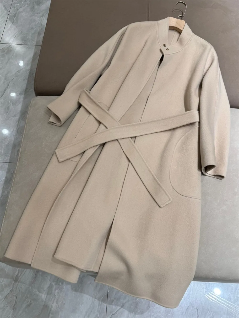 Women\'s Wool Cashmere Coat Mid-length Stand-up Collar Temperament Slim Coat With Belt 2024 Autumn Winter L*P