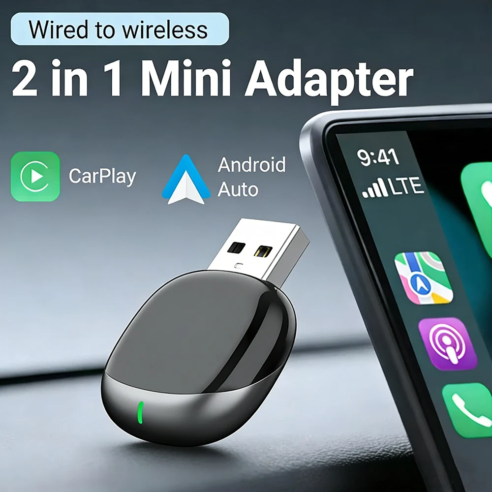 2-in-1 Wireless Carplay Adapter with Wired Carplay (USB to C), Metal Design Mini Wireless CarPlay Adapter for iPhone iOS 10+ Sys