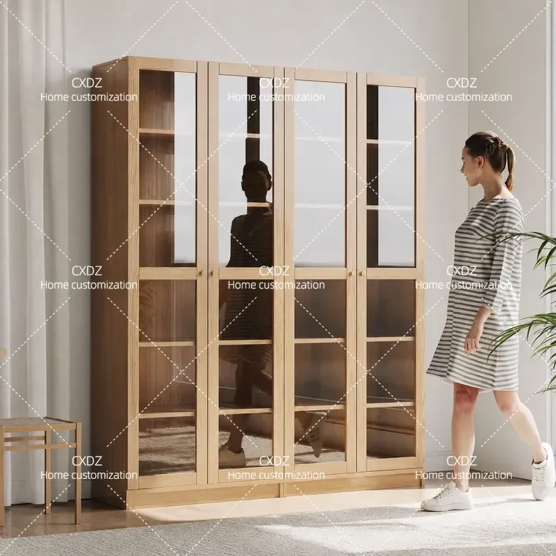 Solid Wood Bookcase with Glass Door Display Cabinet Nordic Simple Floor to Ceiling Bookshelf Office File Storage Unit
