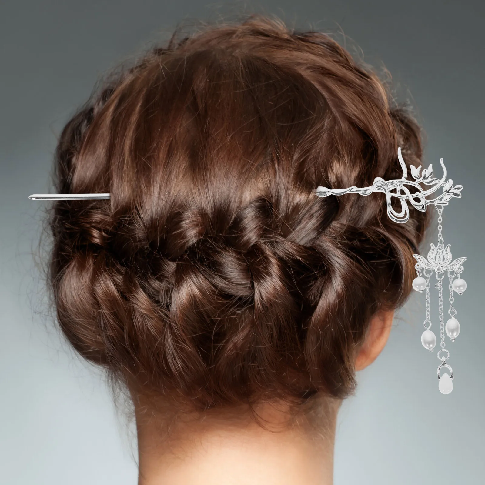 

2pcs Pearl Lotus Hairpin Tassel Flower Pins Long Alloy Stick for Women Hair Buns Without Damage Retro Charm