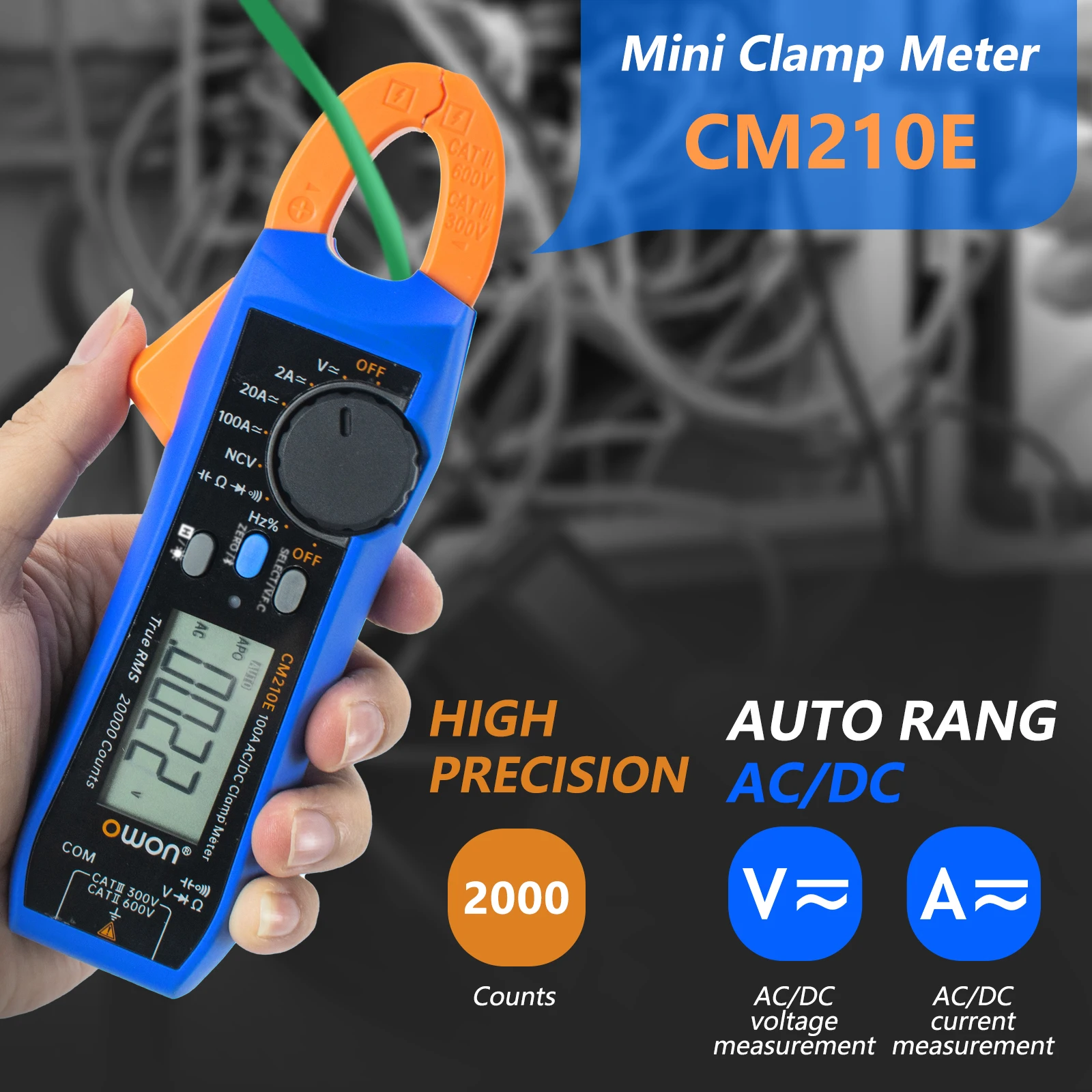 OWON CM210E 20000 Counts Voltmeter Continuity Digital Clamp Meter,600V AC/DC NCV True RMS Mini Multimeter for Measuring Voltage