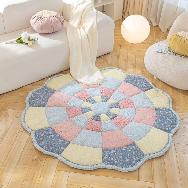 Handmade Patchwork Cotton Quilted Carpets for Living Room, Floral Style, Round Carpet Bedroom, Non-Slip Floor Mat, Bedside Rugs