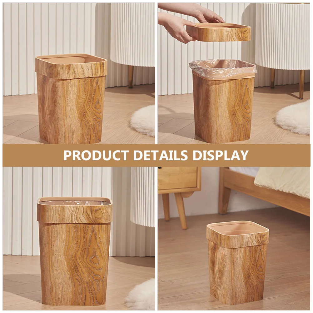 

Large Capacity Trash Can Square Waste Living Room Trash Can Bin Lid for Kitchen Bedroom Hotel Plastic Wood Grain Storage
