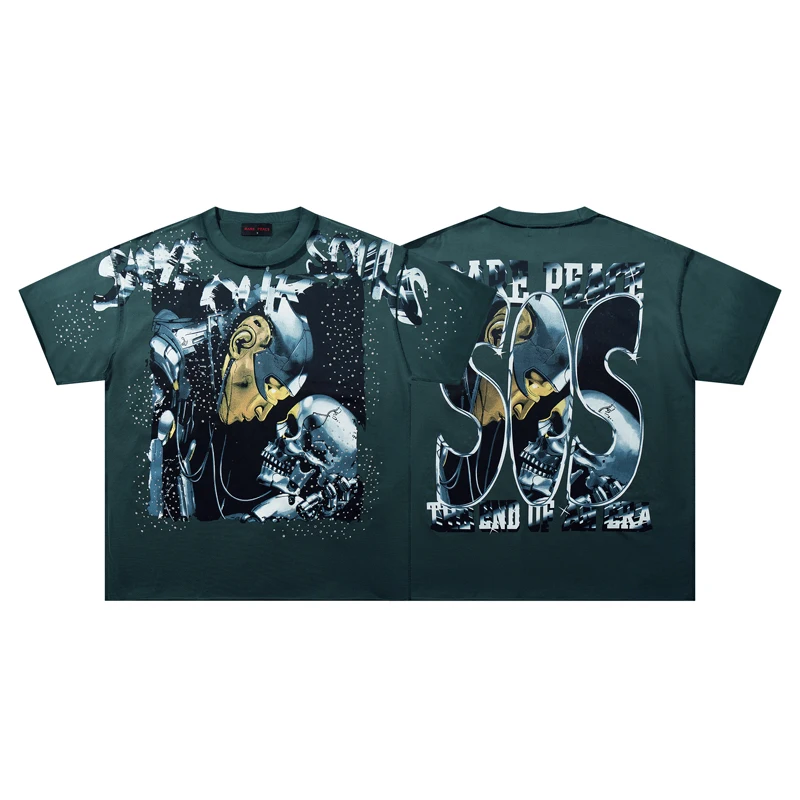 American Hip-hop Trend Rare Peace T-shirt High Quality Men's Women's Rhinestone Pattern Printed Short Sleeve Tee