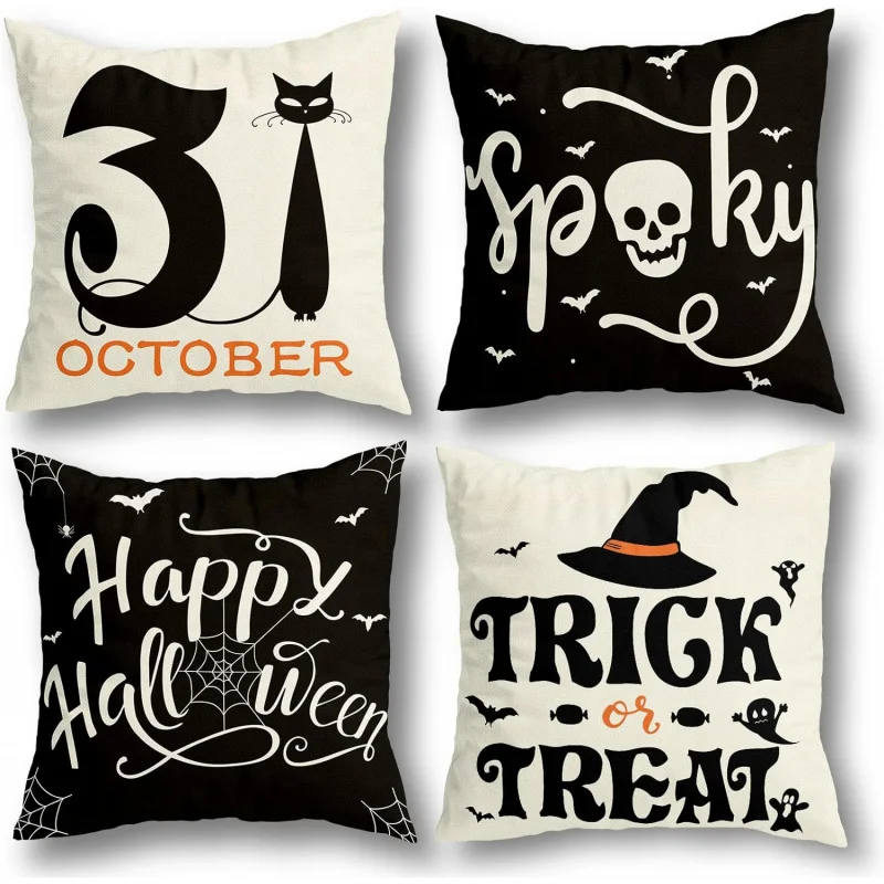 

Halloween decoration pillowcase 4-piece set suitable for Halloween party supplies home decoration pillows spider webs cat skulls