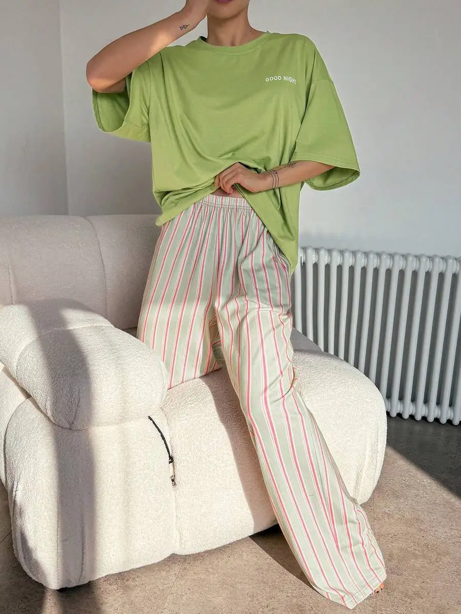 

Minimalist Letter Print Loose T-Shirt And Striped Straight Leg Pajama Pants Sleepwear Set