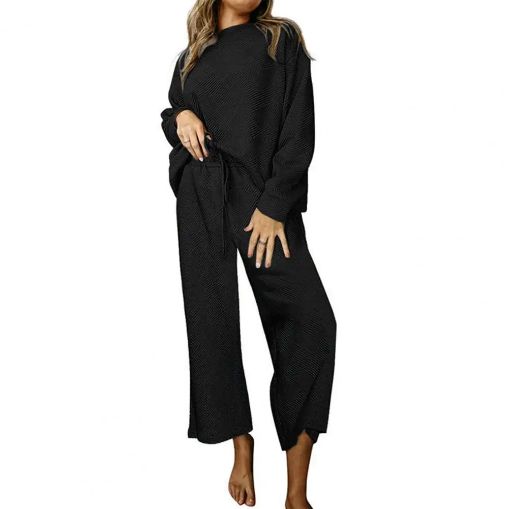 Women Top Pants Suit Women Suit Set Women's Textured Solid Color Sweatshirt Wide Leg Trousers Set with Drawstring for Fall