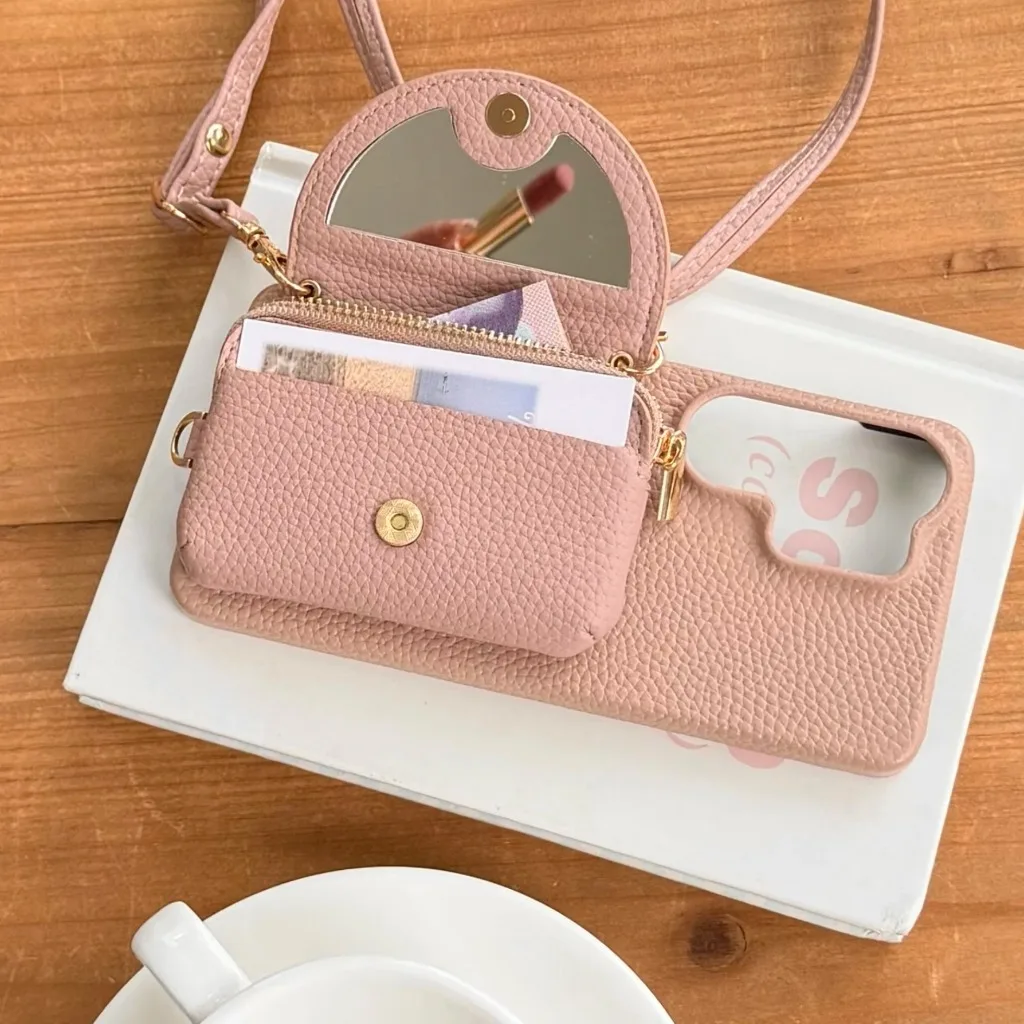 Crossbody Lanyard Handyhülle für Samsung S26 Ultra S25 S24 Plus A57 A37 mit Spiegel Reißverschluss Kartenhalter Brieftasche Stoßfeste Abdeckung