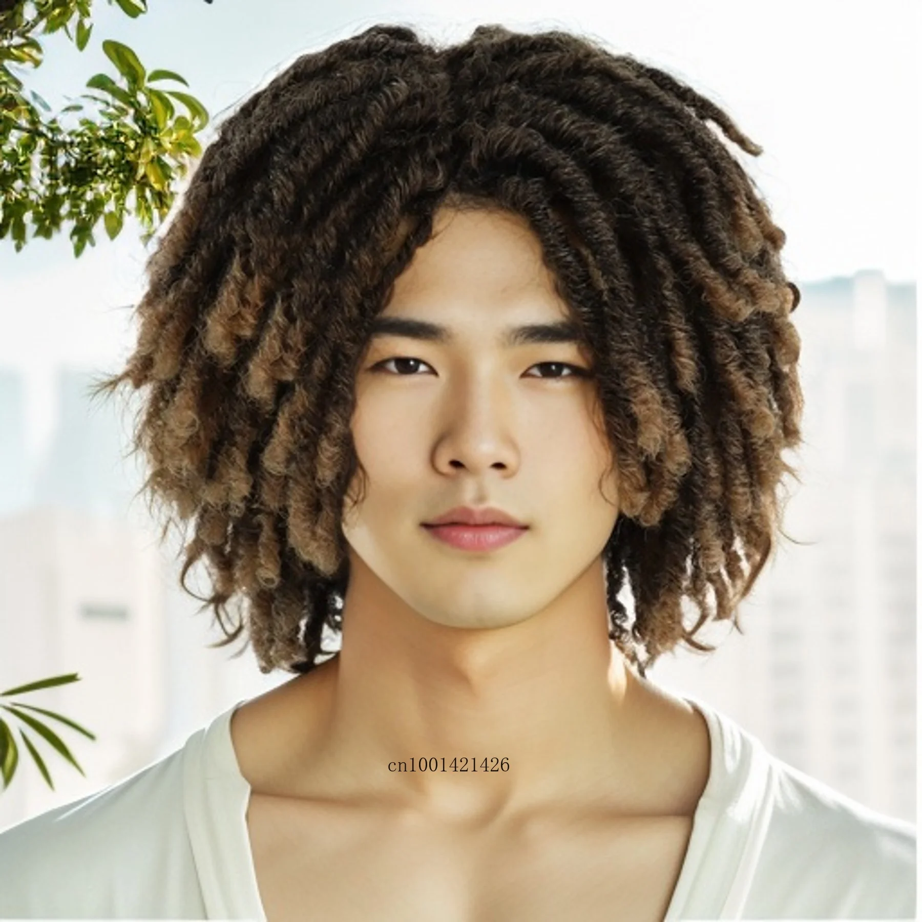 Gradient Brown Male Asian Wigs Synthetic Rasta Hair Dreadlock Wig Medium Length Braided Wigs for Men Fake Dreads Faux Loc Wig