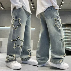 Boys' pants spring and autumn five-pointed star splicing raw edge jeans boys wide-leg pants washed denim youth pants 7-14 years