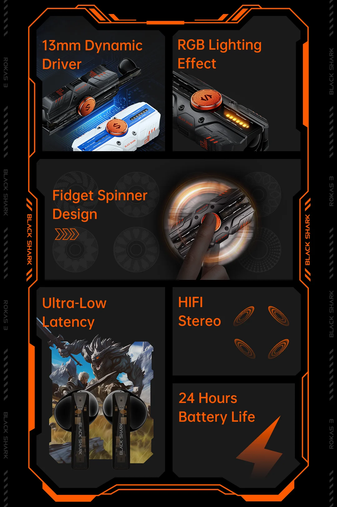 Black Shark Rokas 3 TWS Wireless Earbuds, with HIFI Stereo, Bluetooth 5.4, Fidget Spinner 24H Battery Life RGB Light Low Latency