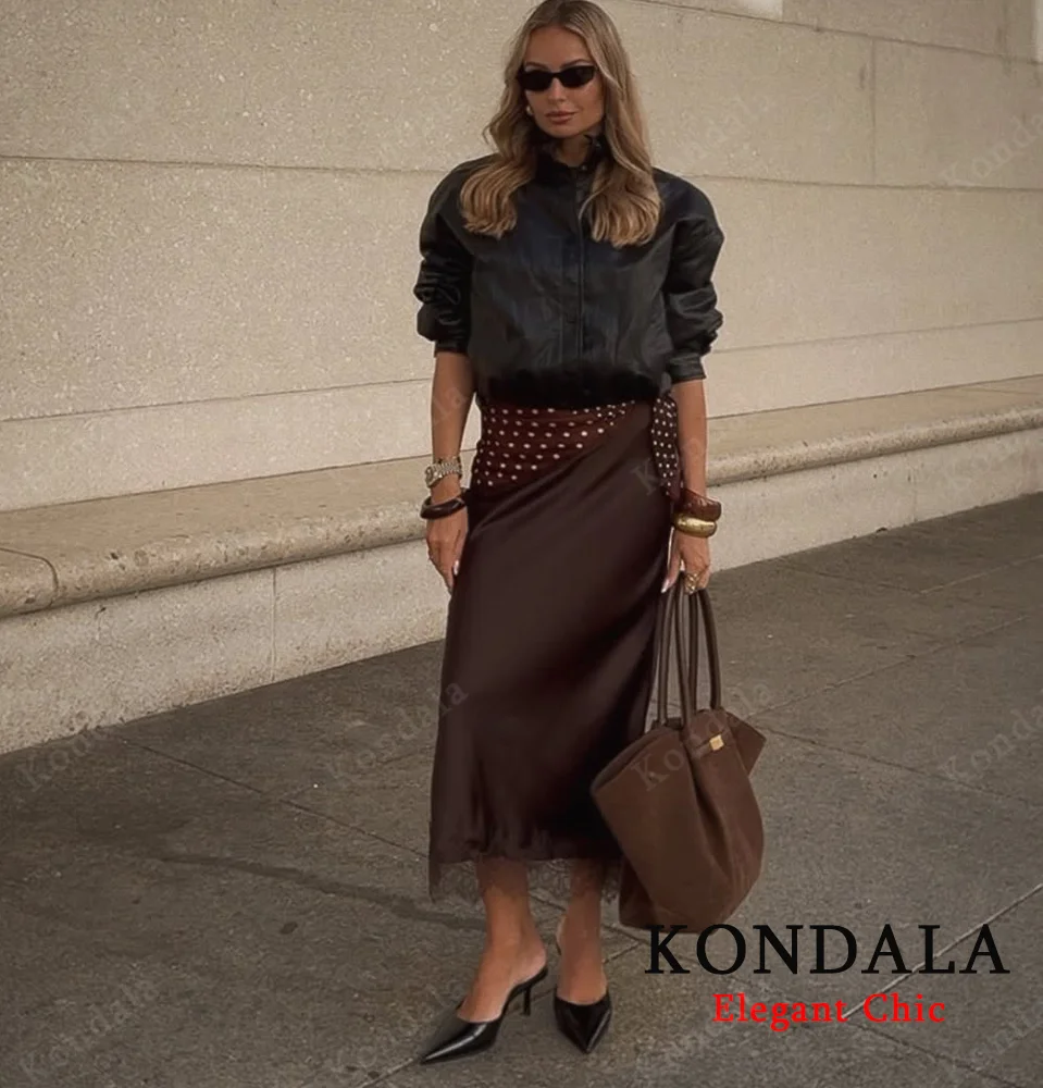 

KONDALA Women Satin Lace Midi Skirt Elegant Luxury Dinner Party Date Lace Hem Skirt 2025 Autumn Fashion Lady Brown Black Skirt