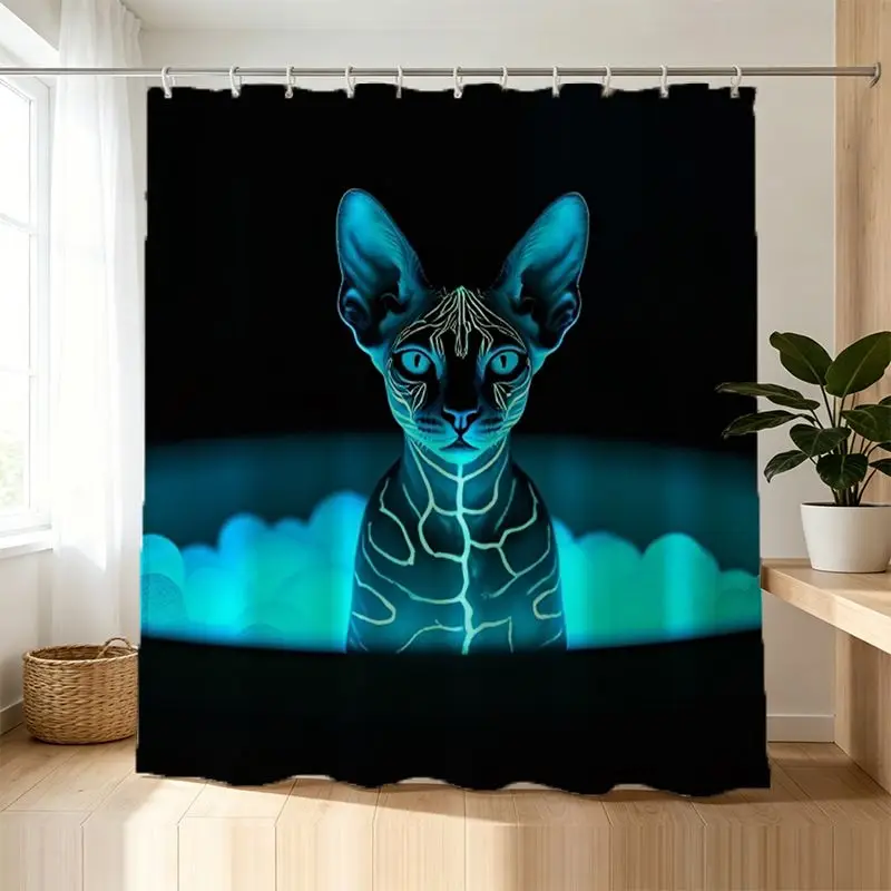 

Stylish Waterproof Shower Curtain Bathroom Liners Teal Blue Cat Tribal Neon Jungle Glow Print Curtain for Modern Home Decor Idea