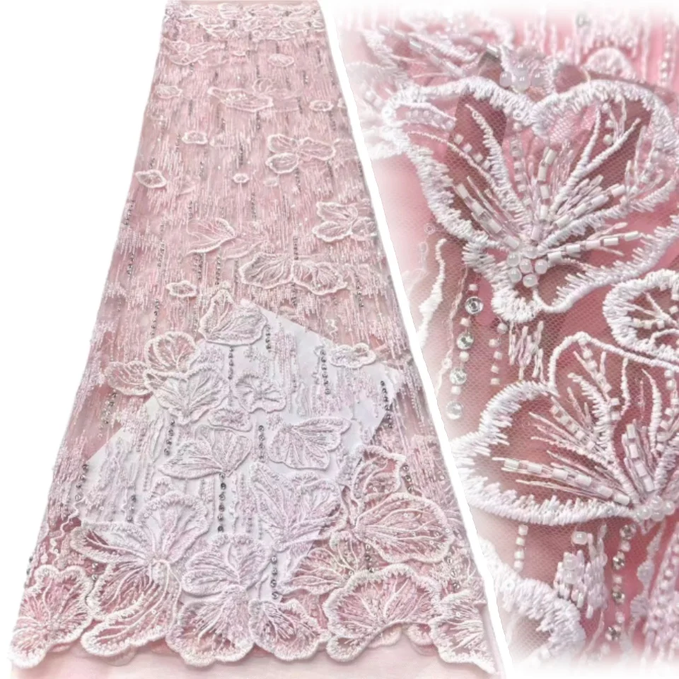

2 Yards African Sequin Embroidered Lace Fabric Fashion French Beaded Lace Fabric Suitable for Bridal Party Wedding Dresses 2212