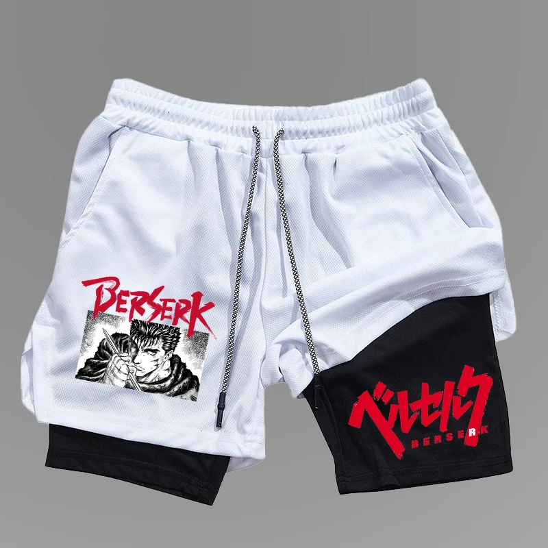 Anime Berserk Double Layer Fitness Shorts Men Fitness Training 2 in 1 Sports Shorts Quick Dry Workout Jogging Double Deck Summer