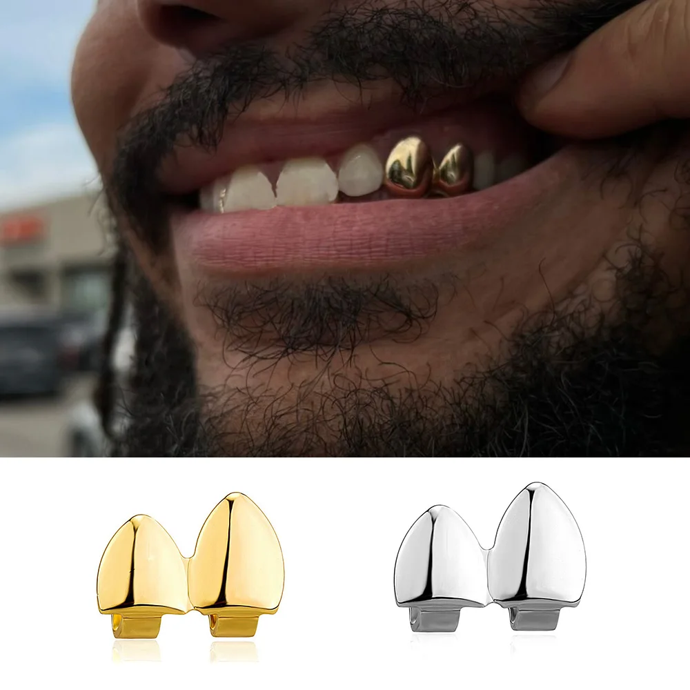 YOUNGX Double Fangs Teeth Grills Hip Hop Gold Silver Color Two Tooth Caps For Women Men Jewelry Halloween Gift