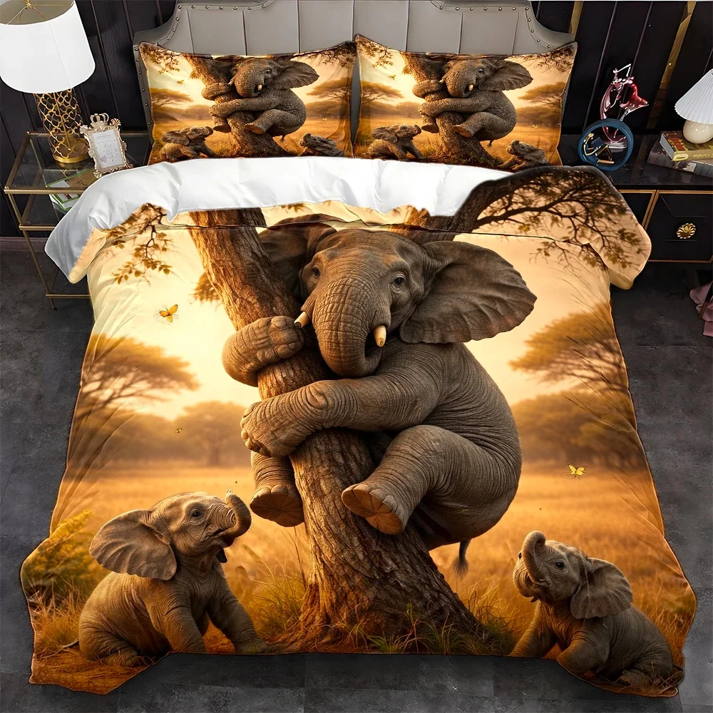 3Pc Cute Elephant Family Theme Duvet Cover Set, Three-Piece Bedding Set (1*Duvet Cover + 2*Pillowcases), Suitable for All Seasons, Machine Washable, Invisible Zipper Design, Large Duvet Cover Set, Personal Bedspread, Suitable for Home, Dormitory, Master Bedroom, Guest Room, Cozy Animal-Patterned Bedding Set, Creating a Comfortable Sleeping Space, Loved by Adults, African Savanna Elephant Family-Themed Duvet Cover Set, Soft Bedroom Decor Item, Enhances Home Ambiance