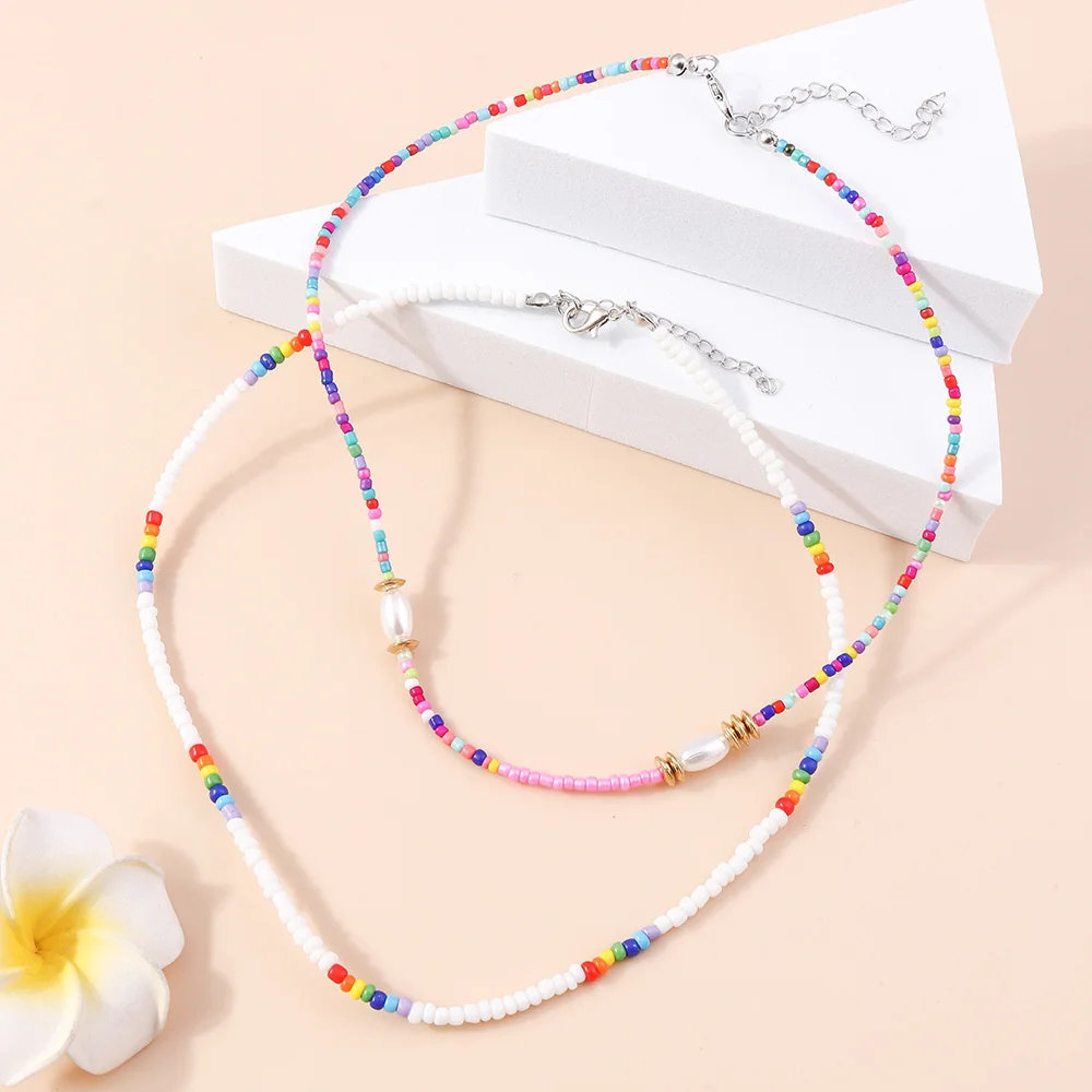 New Boho Fashion Ethnic Style Colored Artificial Pearl Rice Bead Chain Set Necklace For Women Female Vintage Punk Choker Jewelry