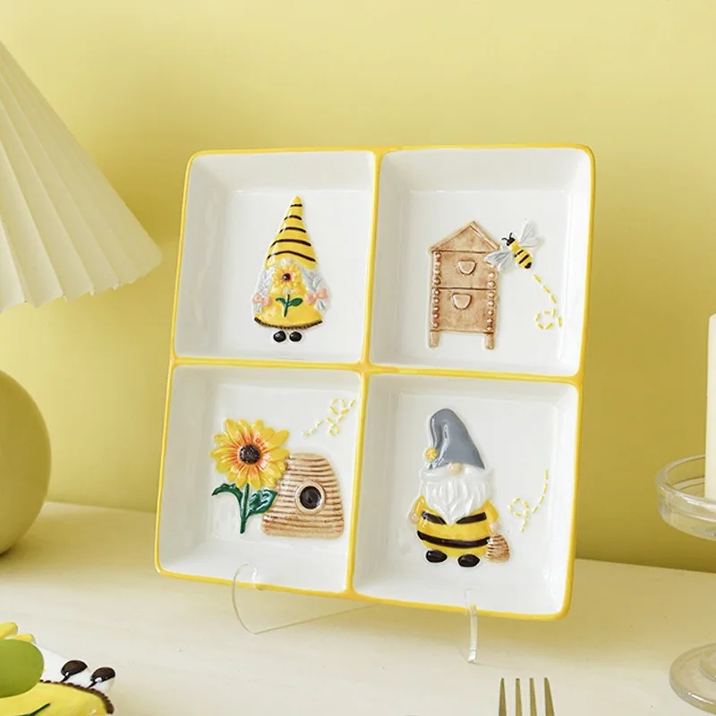 Christmas Ceramic Hand-painted Tray Four Sections Dinner Plate Food Serving Plate  Tableware Snack Fruit Storage Dish Household