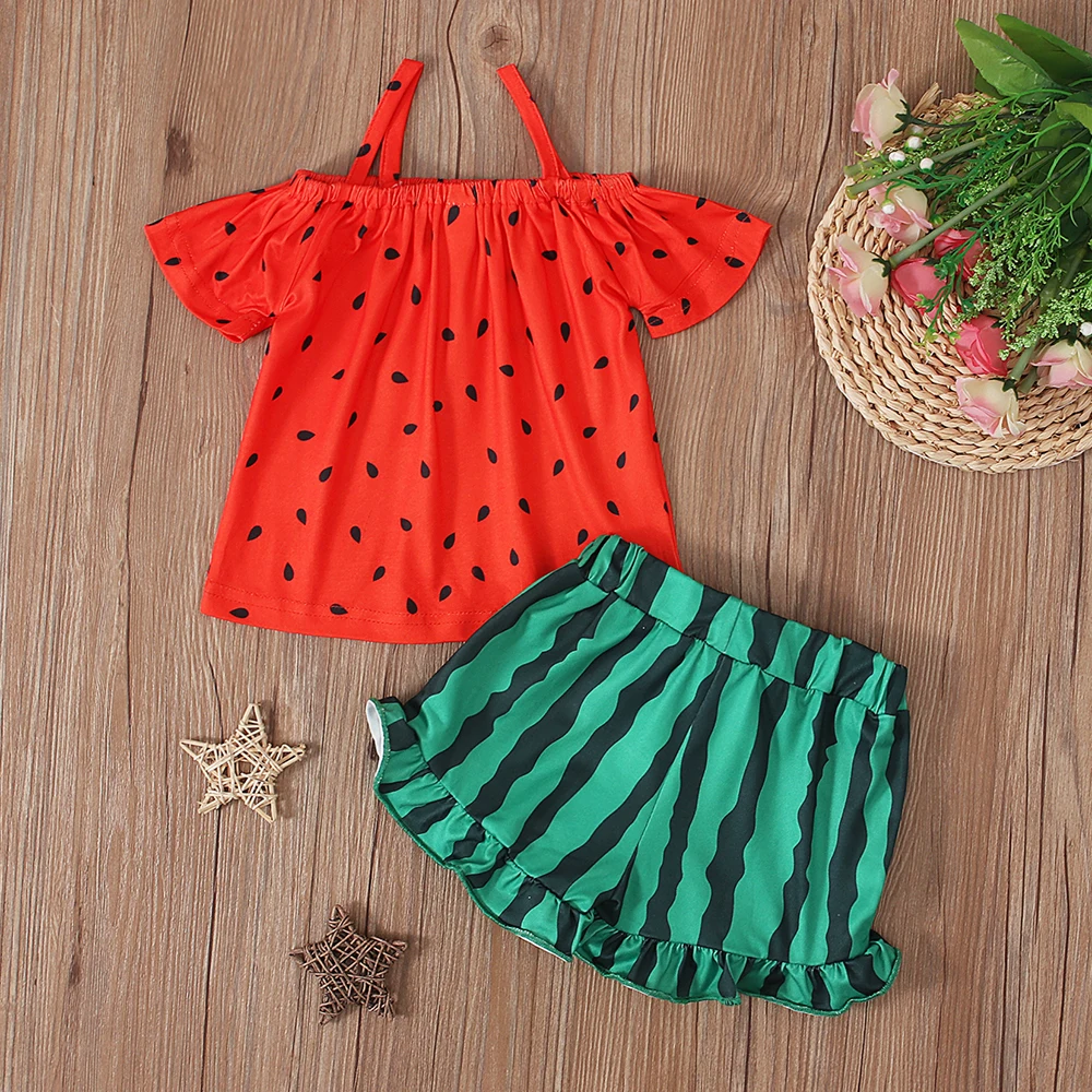 Girls\' Watermelon Pattern Camisole Baby Top + Wave Pattern Shorts Two-piece Children\'s Clothing Set