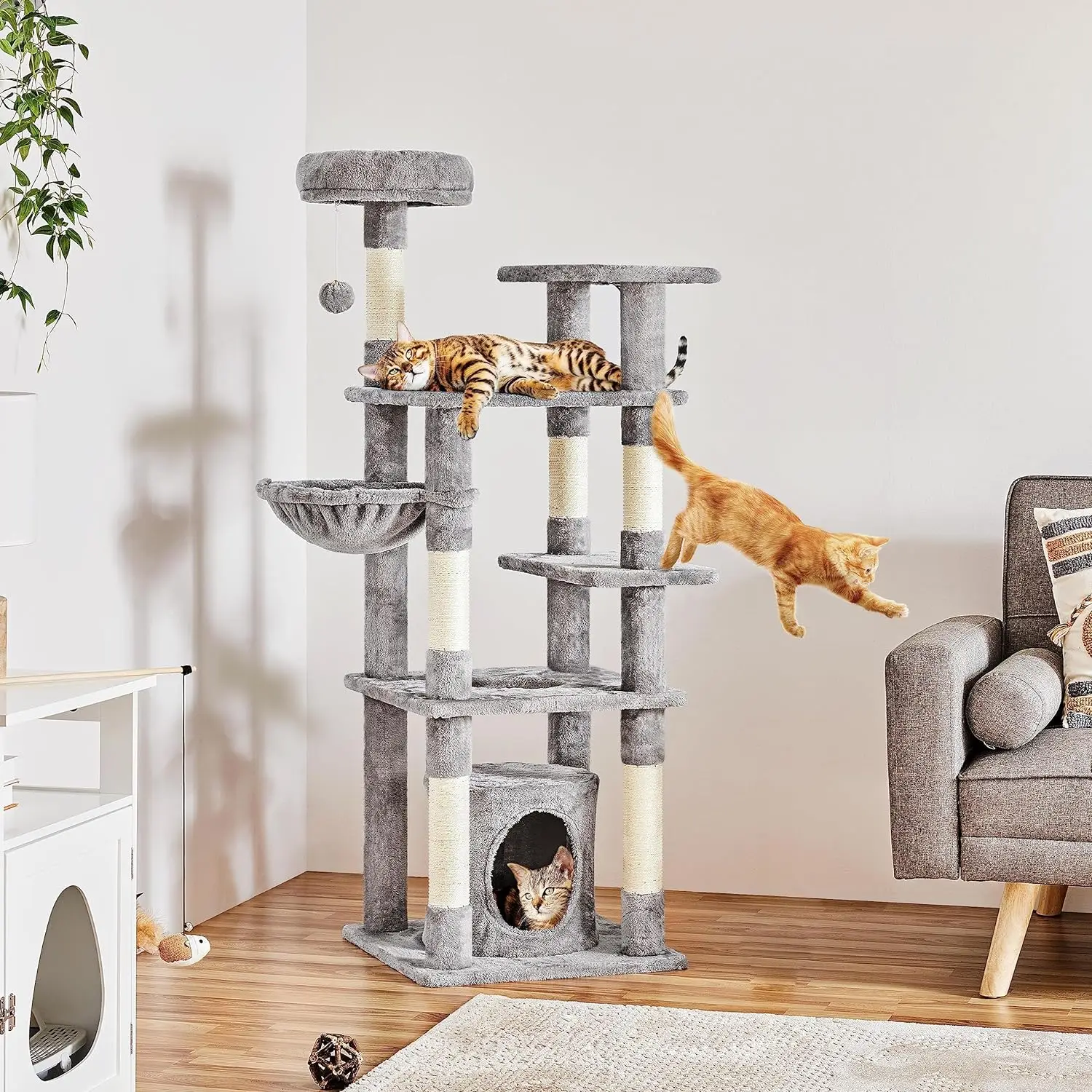 

Cat Tree DIY, 2 in 1 Cat Tower w/Scratching Posts, Cozy Cave and Oversized Platforms- 3 Combination Methods, Light Gra