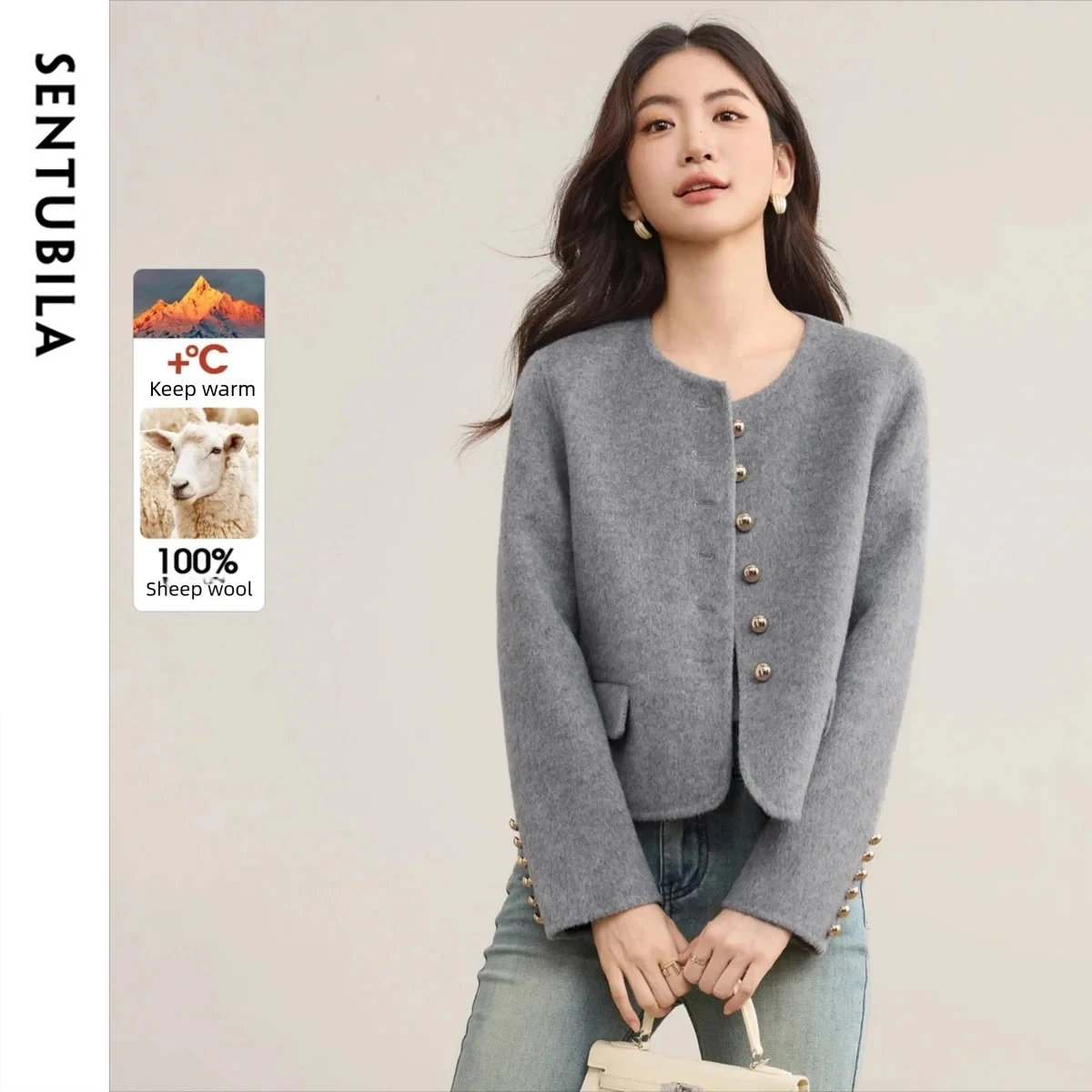 

SENTUBILA шерстяное пальто для женщин, однотонное зимнее пальто 202, пальто с круглым вырезом и длинными рукавами, женская одежда на металлических пуговицах с грибами W54OG3691X