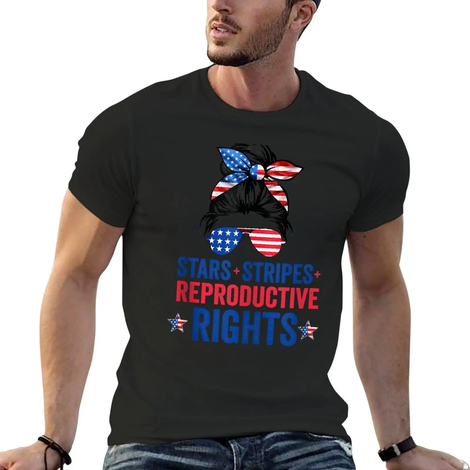 Messy Bun American Flag, Stars Stripes Reproductive Rights T-Shirt hippie clothes mens white t shirts