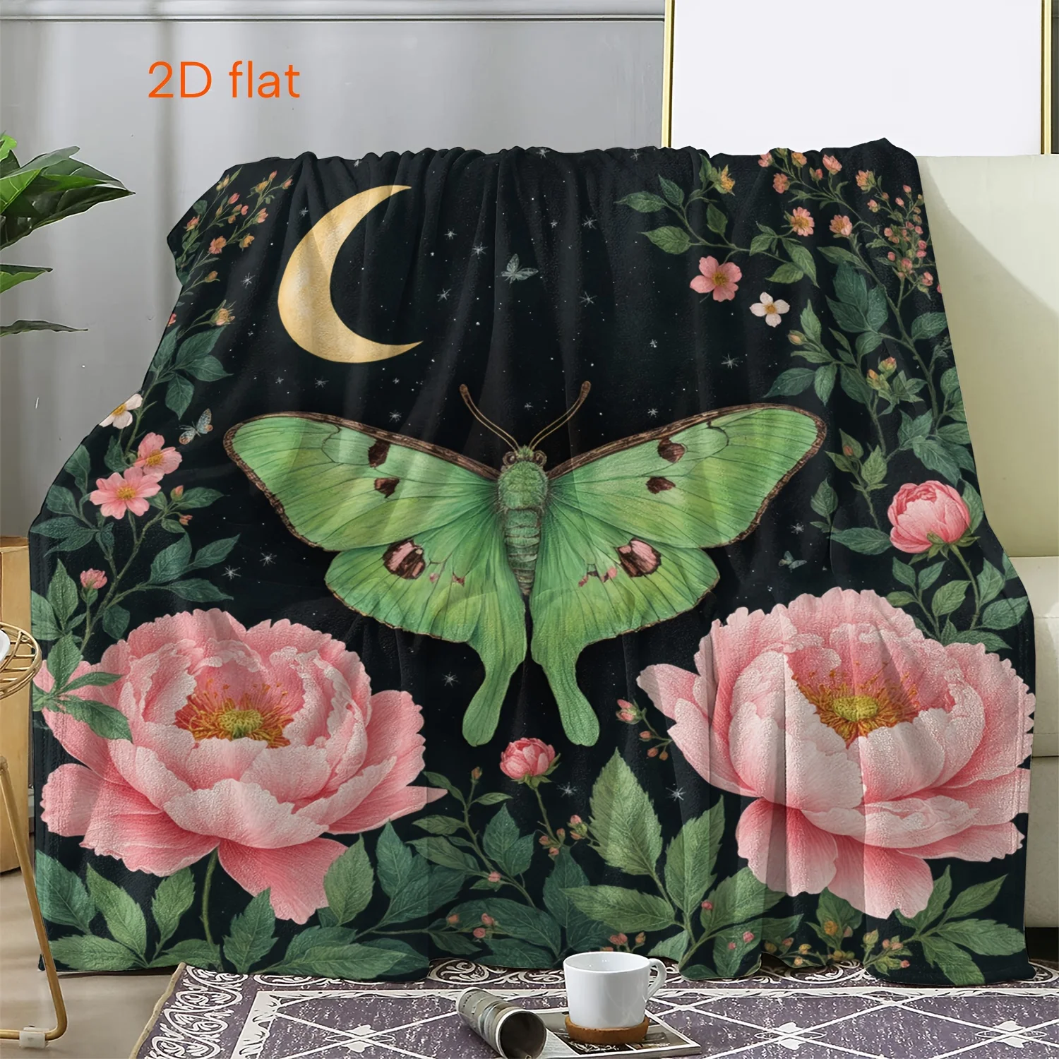 Black Night Background Green Luna Moth Pink Peony Crescent Moon Star Print Flannel Blanket Soft for Bedroom Bohemian Home Warm