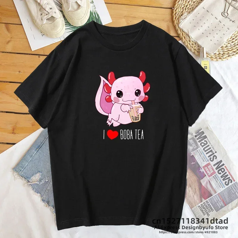 I Love Boba Tea t shirt women cute kawaii Axolotl graphic t shirts short sleeve tee shirt cartoon printed tshirt clothes