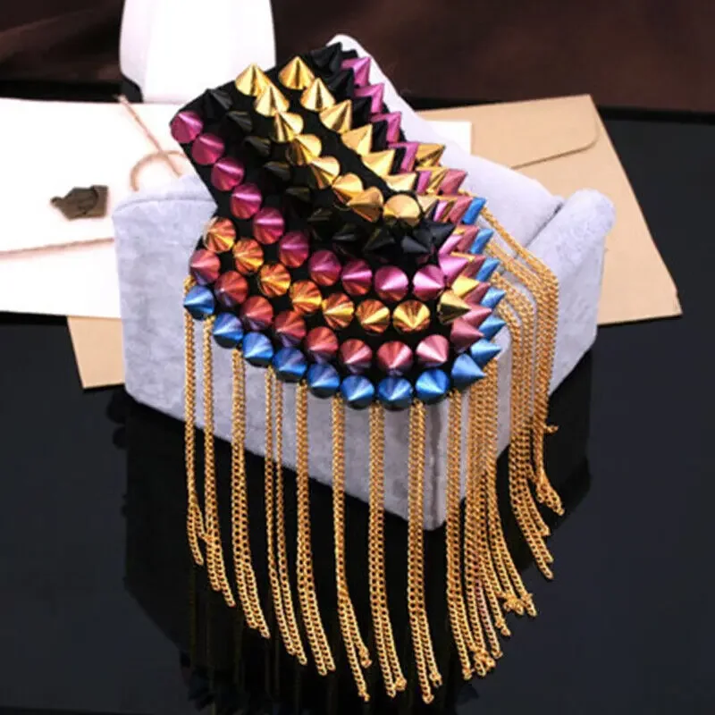 

Decorative Epaulette Brooch with Tassels and Rivets British Punk Style Shoulder Patch for Men Women Outerwear Suit Accessory