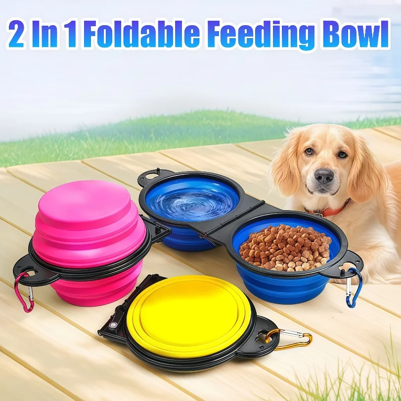 

New 2 in 1 Collapsible Dog Travel Bowl Double Bowls Folding Food Water Bowl Portable Hangable Dog Feeder for Outdoor Dog Product