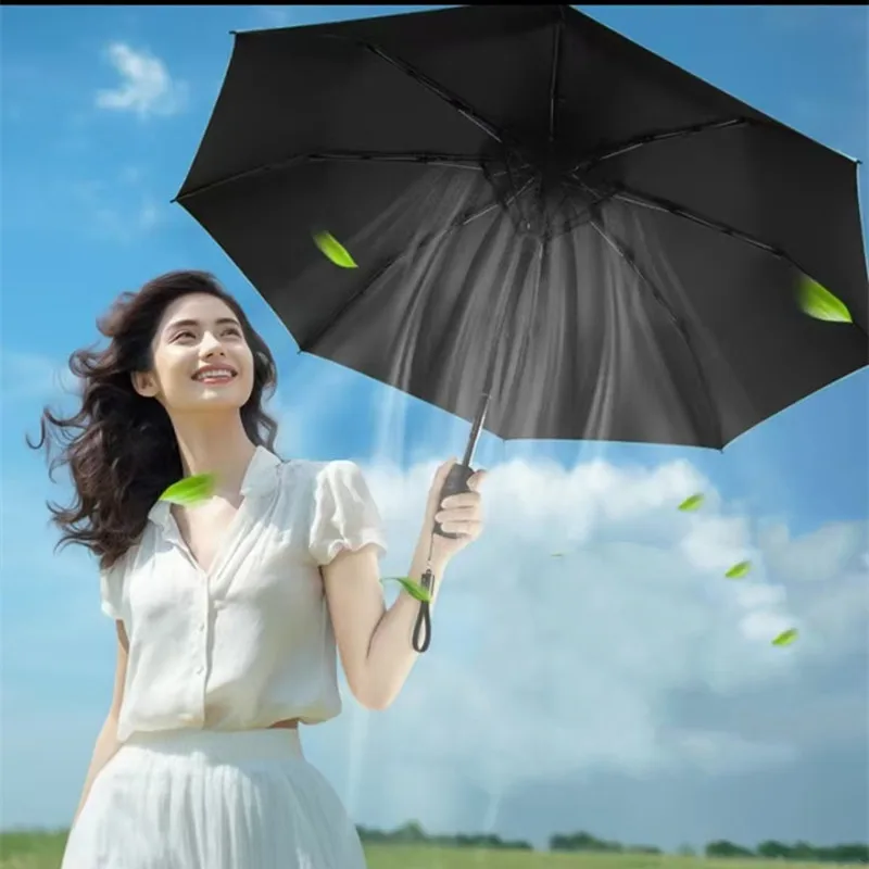 

USB Rechargeable Cooling Fan Folding Umbrella Bold Thickened Black Glue Rain Proof Sun Shading UV Resistant Cooling Fan Umbrella